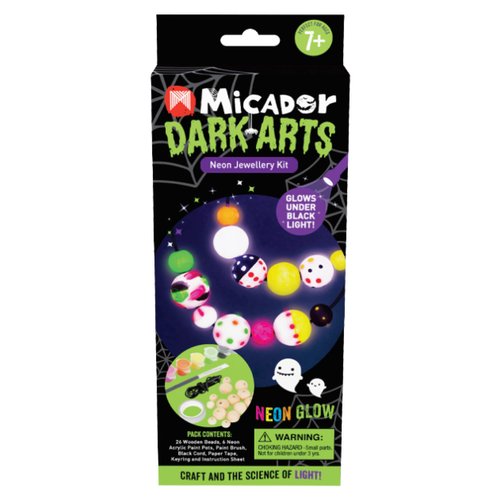 Micador Dark Arts Neon Glow Jewellery Kit - 24-Pieces - Beads, neon Acrylic Paint, Paintbrush, Leather Cord - Glows Under Blacklight - Ages 7+