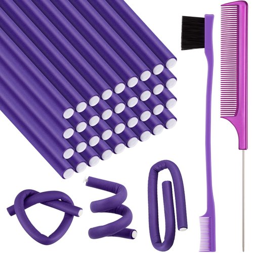 36 Pieces Flexible Foam Curling Rods Twist Foam Hair Roller Bendy Rollers Soft No Heat Hair Rollers and Hair Edge Brush Rat Tail Comb for Women Short, Medium, Long Hair(0.32 x 9.4 Inch,Purple)