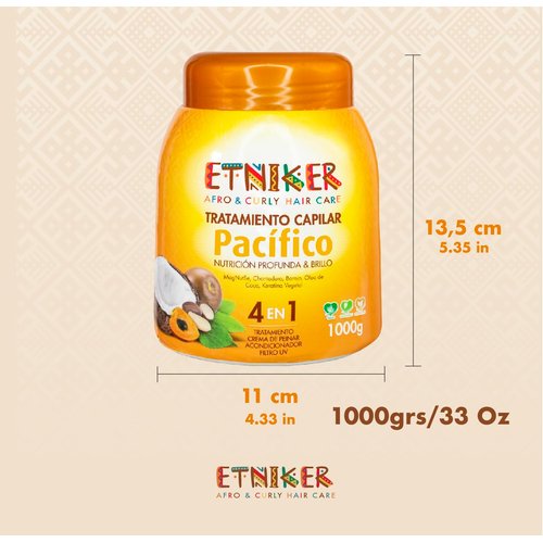 ETNIKER PACIFICO Hair Treatment. Afro-textured hair. 4-in-1: Styling, conditioning, UV protection, deep nutrition. With Paradise Nut, Peach Palm, Borojo, Coconut Oil, Vegetable Keratin. 35.2 oz.