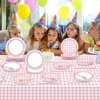 98 Pieces Pink Gingham Party Supplies for 24 Guests Pink and White Checkered Tableware Set Pink Plaid Plates Napkins Tablecloth Party Decorations for Birthday Barbecue Picnic Dinner Party Favors