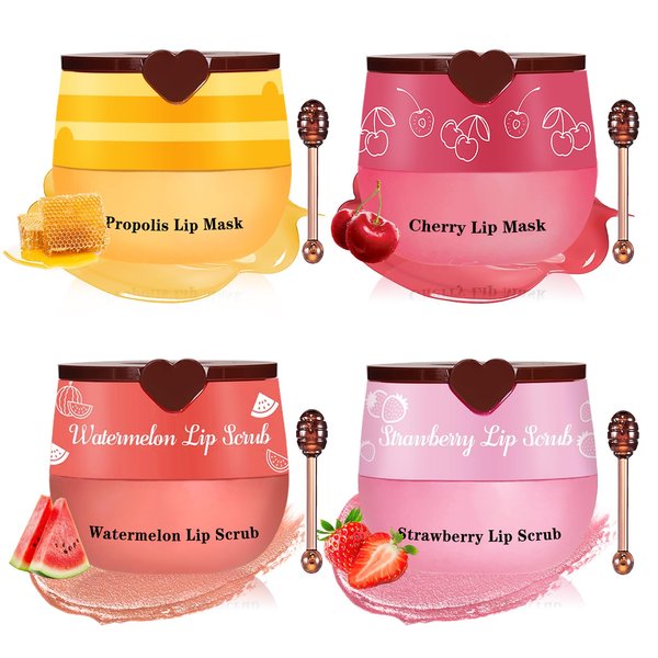 UAOE 4PCS Lip Scrub and Mask Set,Cherry and Honey Pot Lip Balm,Strawberry and Watermelon Lip Exfoliator Scrub and Moisturizer,Repair Lips Sleeping Mask,Reduce Fine Lines Lips Care Set