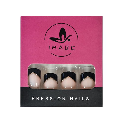 iMABC Press on Nails - Nude Black French Glitter Tips Fake Nail | Cute Short Glossy Shiny Solid False Nails | Glue Acrylic Decoration Manicure Gift for Girls Women 24Pcs