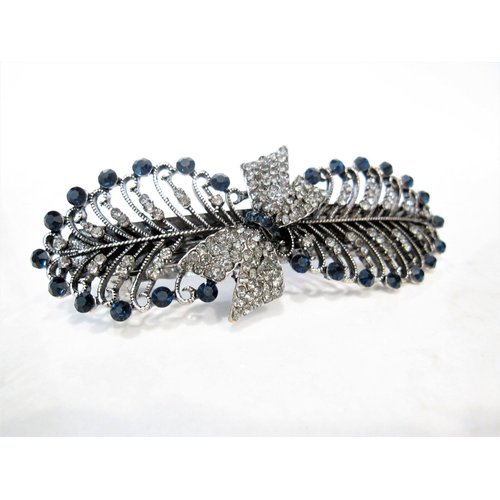 Generic Blue gray silver leaf and bow crystal hair clip barrette bridal hair clip