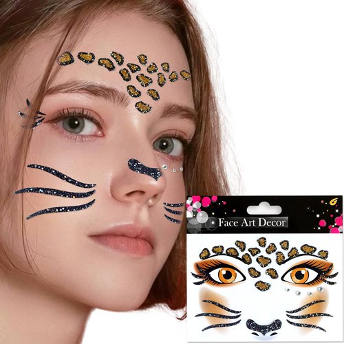 Leopard Face Temporary Tattoos Cheetah Face Stickers Leopard Face Stickers Cheetah Face Tattoo Makeup Cheetah Leopard Print Tattoos Glitter Halloween Cosplay Costume Accessories for Face Stickers 1Pcs