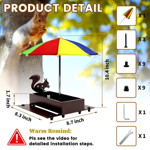 Squirrel Feeder with Umbrella, Metal Squirrel Feeders for Outside with Corn Cobs, Durable Squirrel Feeder Picnic Table with Solid Structure, Funny Chipmunk Feeder for Corn Peanuts (Brown)