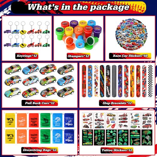 122 PCS Race Car Party Favors, Racing Birthday Party Favors with Pull Back Cars Drawstring Bags Slap Bracelet Keychain Stamper Tattoo Stickers, Racecar Theme Party Supplies Goodie Bag for Boys Kids