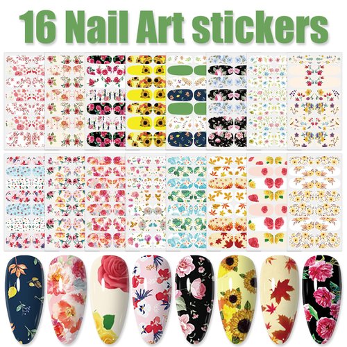 WOKOTO 16 Sheets Flowers Nail Polish Strips Stickers Self-Adhesive Full Nail Wraps for Women Daisy Rose Maple Leaf Flower Nail Stickers for Acrylic Nails with Nail File Stik On Nail Strips for Nails