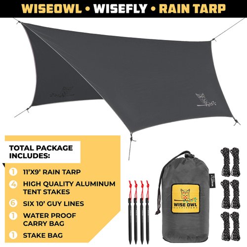 Wise Owl Outfitters Hammock Tarp, Hammock Tent - Rain Tarp for Camping Hammock - Camping Gear Must Haves w/Easy Set Up Including Tent Stakes and Carry Bag - Standard Grey