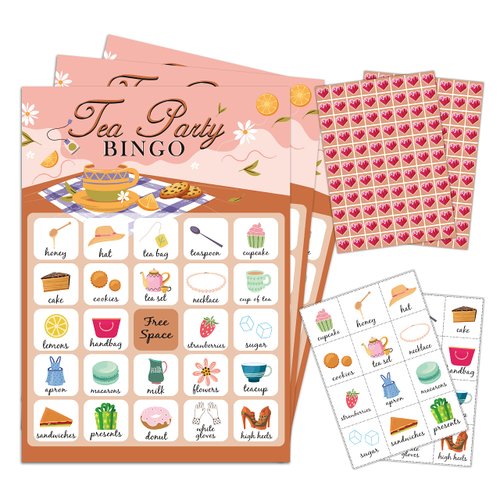 mermermu 5"x7" Tea Party Bingo Cards (24 Kinds), Birthday Party Favors for teens, Road Trip Activities, Travel Bingo, Outdoor Or At Home Party Activity -001teaparty