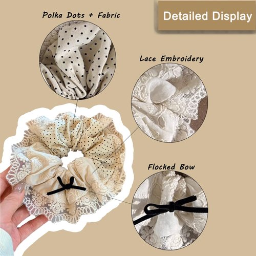 Polka Dots Scrunchies Hair Ties for Girls Women Lace Elegant Hair Ties Soft and Elastic Ponytail Holder Creamy White Cute Scrunchy Hair Accessories for Women Teens