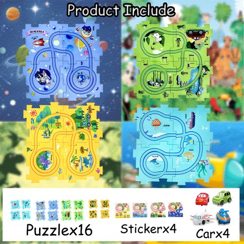 Puzzle Racer Kids Car Track Set Puzzle Racer Car Track Set with Vehicle & Puzzle Board for Kids Ages 3+ (4 Style & 4 Vehicle)