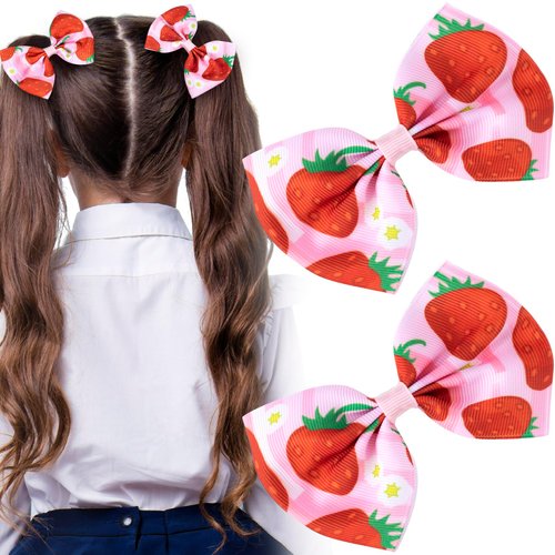 HINZIC 2 PCS Strawberry Bow Hair Clips Cute Pink Hair Snap Barrettes Summer Fruit Strawberry Beach Halloween Christmas Beach Wedding Hair Accessories for Women Rapunzel