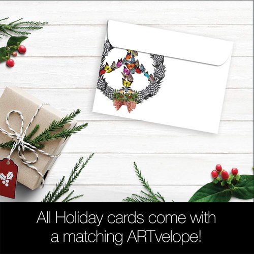 Tree-Free Greetings Christmas Cards and Envelopes, Holiday Card Set, 5 x 7 Inch Cards, Holiday Box Set of 10, Peace Wreath, (HB93537)