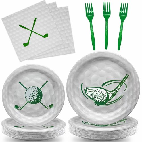96Pcs Golf Party Supplies Disposable Tableware Set Serve 24 Guests Include Golf Paper Plates and Napkins Green Plastic Forks Sports Theme Retirement Golf Birthday Party Decorations