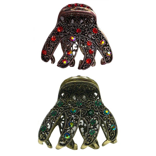 JCGY Set of 2 Crystal Jaw Clips Metal Claws Antique Bronze Antique Gold Trim YY86410-2RedEmerald