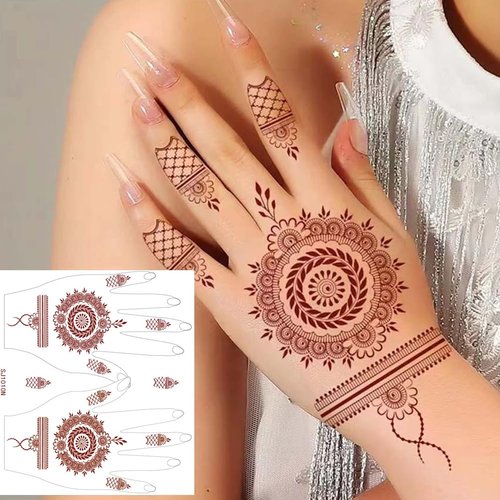 XMASIR Henna Temporary Tattoo Stickers, 12 Pair Hands Tattoo Brown Body Art Stickers Waterproof Fake Tattoos for Girls Women Party Decor (Brown)
