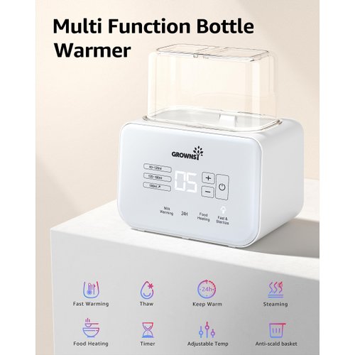 Baby Bottle Warmer, Grownsy 8-in-1 Fast Milk Warmer with Timer Breastmilk or Formula, Fits 2 Bottles, Accurate Temperature Control, with Defrost, Sterili-zing, Keep, Heat Baby Food Jars Function