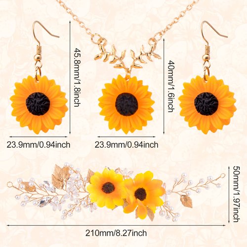 OIIKI Sunflower Bridal Accessories Kit, Wedding Sunflower Headband, Bridal Sunflower Necklace Earrings, Flower Crystal Hair Vine Decorative Clips for Women, Parties