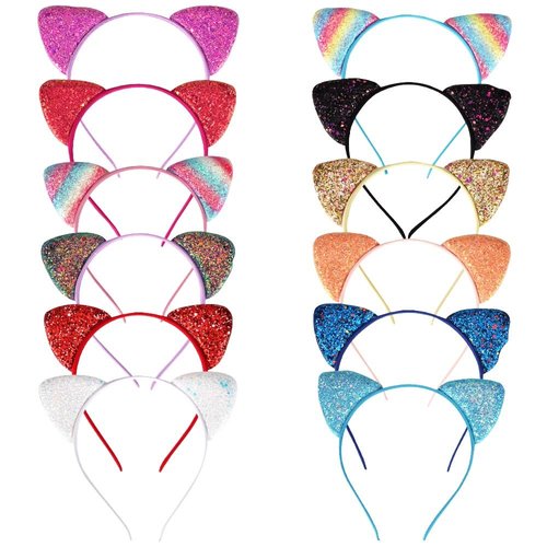 Ｎｏｏｎｈｏｒｓｅ 12 Glitter Cat Ears Headbands for Girls Women Cat Ear Head hand Shiny Birthday Party Themed Events Colorful Cute Hair Band