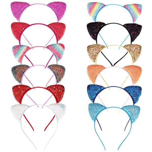 Ｎｏｏｎｈｏｒｓｅ 12 Glitter Cat Ears Headbands for Girls Women Cat Ear Head hand Shiny Birthday Party Themed Events Colorful Cute Hair Band