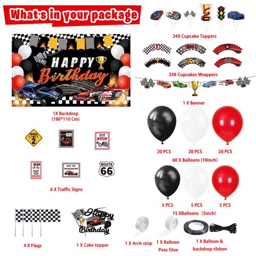 Mpanwen Race Car Birthday Party Supplies, 142 Pcs Racecar Racing Party Decorations for Boys Baby - Backdrop, Banner, Cake, and Cupcake Toppers, Balloons, Cupcakes Wrappers, Party Traffic Signs, Flags