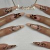 BABALAL Press on Nails Medium Almond Fake Nails Brown Glue on Nails Fall Flower 3D Gold Texture Design Acrylic Nails 24Pcs Handmade Stiletto Stick on False Nails