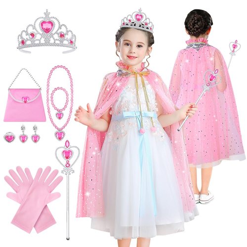 AOMIG 11PCS Princess Cape Set, Princess Cape Clothes With Crown, Wand, jewelry, and bag, Princess Dress Up Clothes for Little Girls, Princess Cape for 3-8Year Old Halloween Christmas Birthday Gifts
