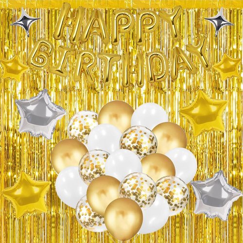 Birthday Decorations for Men Women, Gold Birthday Party Decorations for Women Girls, Gold White Birthday Party Supplies with Happy Birthday Banner, Star Balloons, Foil Fringe Curtain for Boys Girls