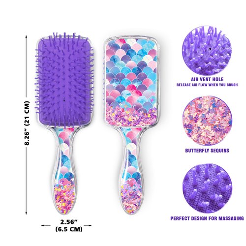 WIRESTER Rectangle Glitter Hair Brush For All Hair Types, Comb Hair Brush for Girls Women, Detangle Hairbrush Suitable for Wet and Dry Hair - Mermaid Pattern