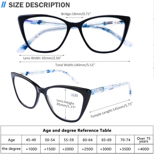 AQWANO Stylish Cat Eye Computer Reading Glasses Women Oversized Designer Blue Light Block Eyeglasses Readers Anti UV400 Eyestrain with Sping Hinge, Black 2.0