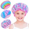 Shower Cap For Kids,3 Pcs Kids Girls Toddler Shower Cap, Reusable Plastic Rainbow Unicorn Shower Cap For Girls Adjustable Cute Mermaid Hair Cap Waterproof Childrens Women Head Cap For Hair