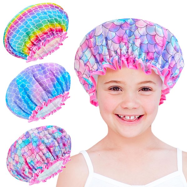 Shower Cap For Kids,3 Pcs Kids Girls Toddler Shower Cap, Reusable Plastic Rainbow Unicorn Shower Cap For Girls Adjustable Cute Mermaid Hair Cap Waterproof Childrens Women Head Cap For Hair