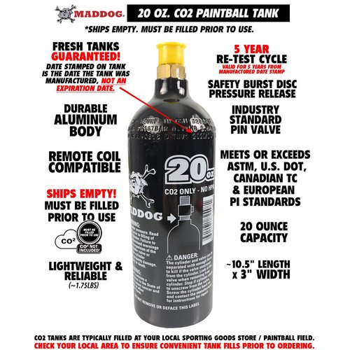 Maddog 20 Oz Refillable Aluminum CO2 Paintball Tank Bottle- 1 Pack