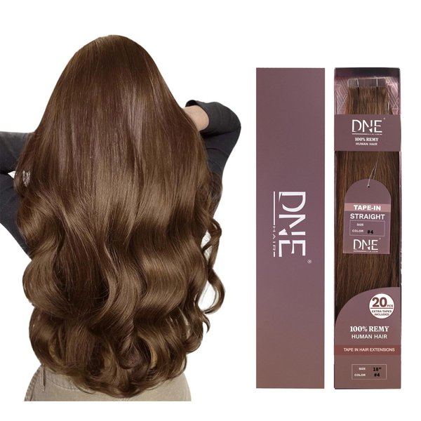 DNE Tape in Hair Extensions Real Human Hair 18 inches 20Pcs/50g/Pack Seamless #4 Medium Brown Dark Color Straight Invisible Double Sided Tape in Hair Extensions for Women/Girls Can Bleached and Curl