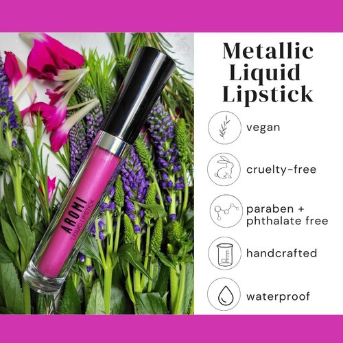 Aromi Metallic Liquid Lipstick | Fuchsia Pink Lip Color with Shimmery Finish, Smudge Proof, Long-lasting, Waterproof, Vegan, Cruelty-free (Moody Magenta)