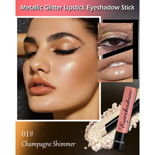 Glitter Lipstick Lip Gloss Long Lasting Waterproof, Non-sticky, Multi-use Lip Color Stick for Shimmer Creamy Eyeshadow Crayon Pen, Diamond Shiny Bold Glow Goth Lipstick for Women Girls-01 Champagne