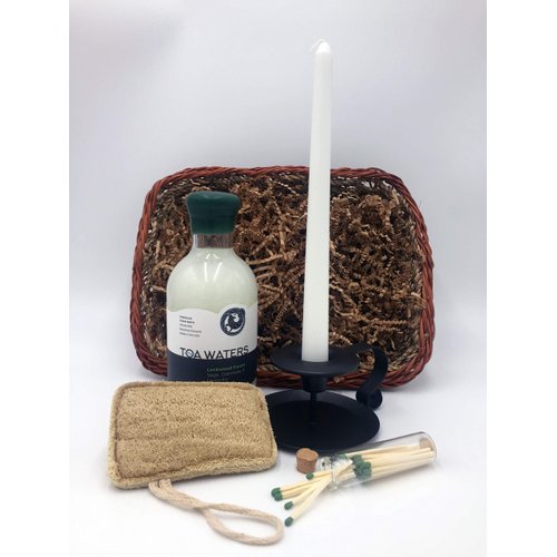 Spa Bubble Bath Gift Set for Men and Women - Premium Bubble Bath, Natural Loofah Sponge, Candle and European-Style Iron Candlestick Holder, Matches, and Handmade Basket - by TOA Waters