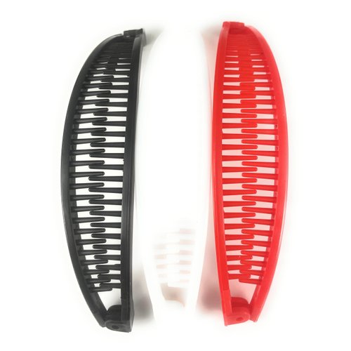Black White Red set pack 3 banana hair clips comb claw teeth plastic 7inch long around the curve 80s style 5.5 inch straight line