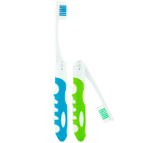 Lingito Travel Toothbrush, Folding with Built in Cover, Hiking, Camping, Emergency, Packable, collapsable, Foldable, Pocket Medium Bristle Brushes (2 Pack) (Blue-Green)