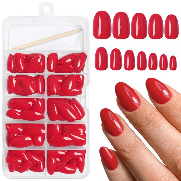 AddFavor Oval Press on Nails Short Fake Nails, 240pcs Bright Red Nails Press on Almond False Nail Full Cover Acrylic Nail for Women and Girls