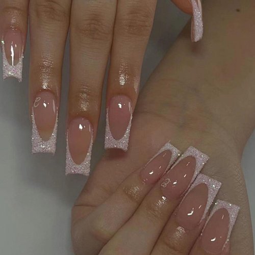 Hkanlre Shiny Square Press on Nails Shiny Fake Nails French Tips Full Cover Medium Pink False Nai...