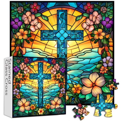 Cross Stained Glass Puzzles for Adults 1000 Pieces and up, PICKFORU Christian Puzzles with Colorful Flower, Religious Puzzle as Home Decor