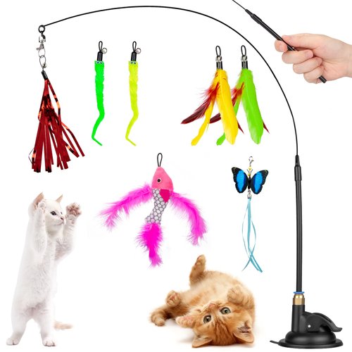 Oziral Cat Feather Toys, 10PCS Hanging Cat Toy with Super Suction Cup Detachable 2 in 1 Cat Wand Toys with 7PCS Replacements, Interactive Cat Toy for Indoor Cats Kitten Play Chase Exercise