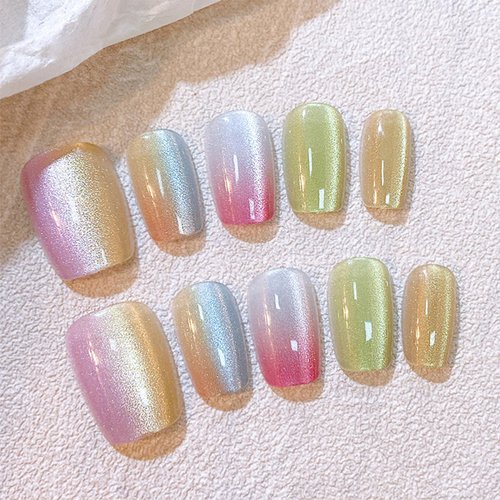 30Pcs Rainbow Cat eye Press on Nails Sparkly Short Square Manicure Art Acrylic Fake Nails Stick on Nails Glossy Colorful False Nails Gel Glue on Nails with Gradient Design for Coquette Women Girl