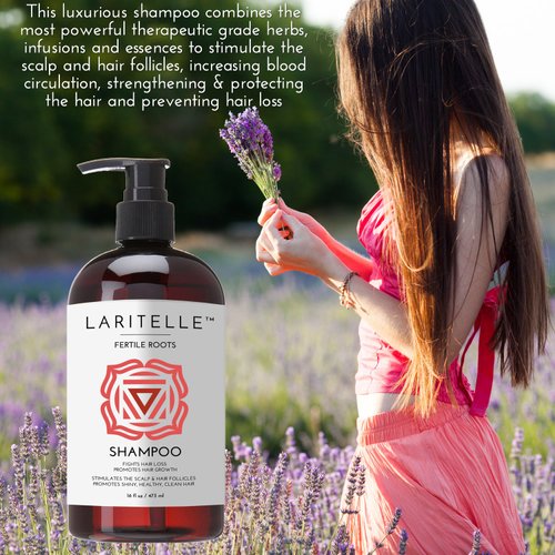 Laritelle Organic Shampoo 16 oz. Fortifying, Strengthening, Rejuvenating. Prevents Hair Shedding, Promotes New Hair Growth. Ayurvedic Herbs, Lavender, Ginger, Rosemary, Patchouli and Cloves. Vegan. GF