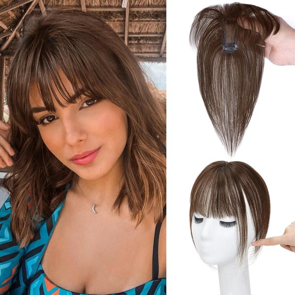 NAYOO Bangs Hair Clip 100% Real Human Hair Toppers 360°3D Cover Clip in Bangs Hair pieces Wispy Bangs for Women Hair Extensions Clip on French Bangs for Daily Wear（Dark brown）