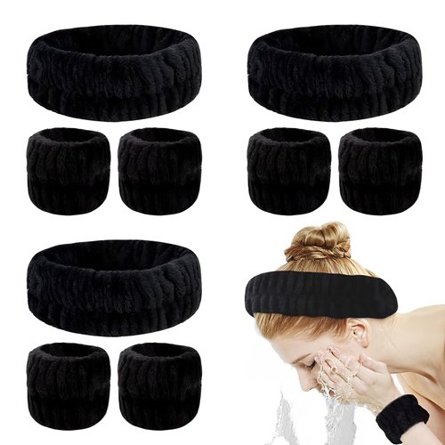YARIEW 9Pcs Spa Headband and Wrist Washband Set,3 Pieces Makeup Facial Face Wash Headband Head Wrap Head Bands and 6 Pieces Wrist BandsTerry Cloth Headbands for Women and Girls (Black)