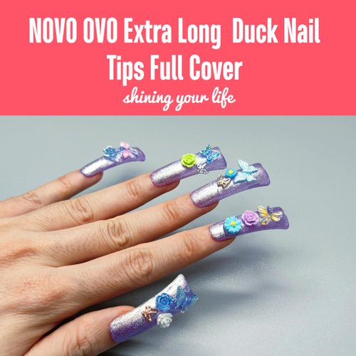 NOVO OVO 120 pcs Extra Long Duck Nail Tips Full Cover for Acrylic, Clear XL XXL Flare Feet Nails Press On, Y2K Vibe Wide French Soft Gel False Nail Extension for Art Salon x 12 Sizes in Box