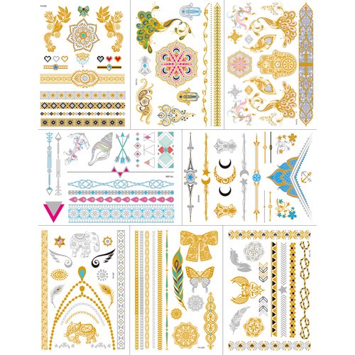 Aresvns Flash Temporary Tattoos for Women and Kids Peacock, 8 Sheets Waterproof Shiny Jewelry Tattoos,Gold Tattoo Metallic Tropical Hawaiian Fake Tattoo Stickers