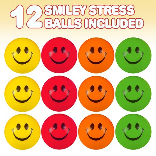 ArtCreativity Smile Face Stress Balls for Kids and Adults - Pack of 12 - 2.5 Inch Spongy Squeeze Toys for Anxiety Relief - Fun Birthday Party Favors and Goodie Bag Fillers for Boys and Girls